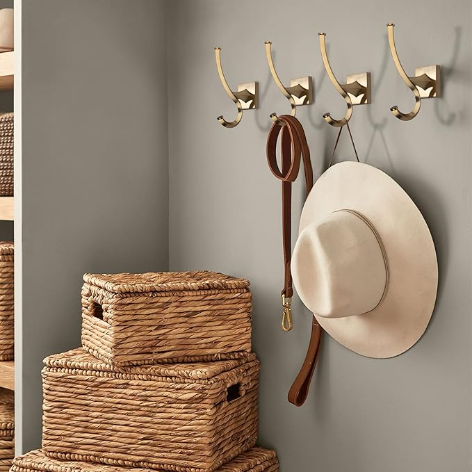 TUNNY 2 Pack Vintage Wall Hooks-Champagne Gold Coat Hooks Towel Hook for Hanging Heavy Duty Bathroom Hook Hat Hook Double Wall Mounted Coat Hanger