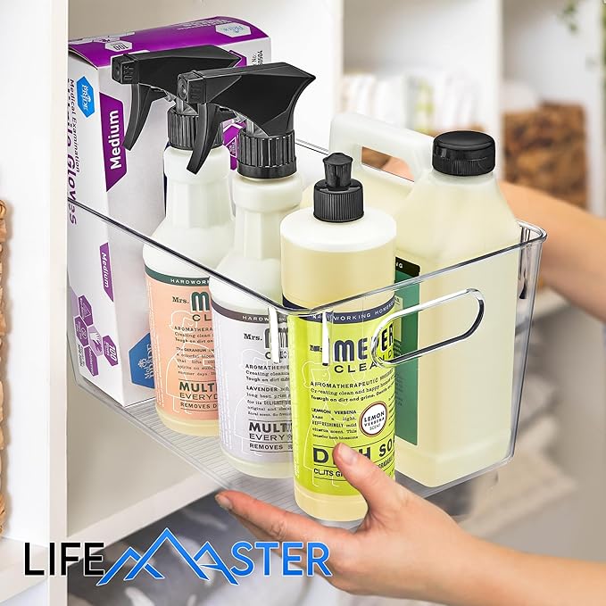 Lifemaster Multi-purpose Refrigerator Bins - 6 pieces Large Capacity Stackable Fridge Bin Organizer with Easy Grip Handles - Clear