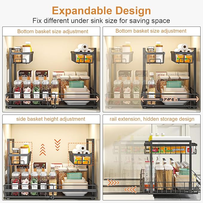 Under Sink Organizer, 2 Tier Metal Under Sink Organizers and Storage, Adjustable Slide out Pull out Cabinet Organizer Shelf for Kitchen Bathroom Pantry Cabinet