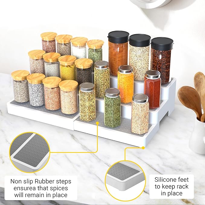 YAN & HIN Expandable Spice Rack Organizer for Cabinet (2 Pack), 3-Tier Tiered Spice Shelf Organizer with Non-Skid Surface, Adjustable Pantry Organizer for Spices, Cans & Medicine Cabinet
