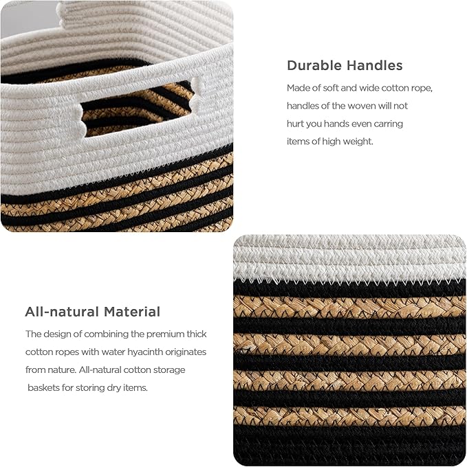 UBBCARE Set of 3 Storage Cubes 11 X 10.5 X 10.5 in, Water Hyacinth Storage Bins for Shelves, Toys, Book, Storage Baskets with Handles, Cotton Rope Woven Baskets for Organizing, Black