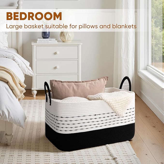 Large Blanket Basket for Living Room, 75L Woven Storage Baskets for Organizing, Rectangle Cotton Rope Basket With Handles-Black & White
