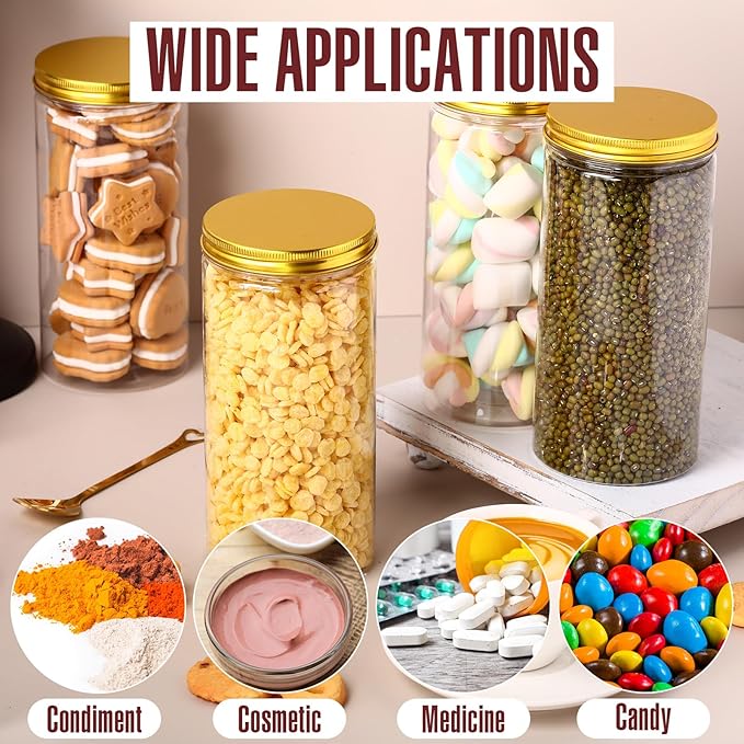Dandat 16 Pack 30 oz Plastic Jars with Lids Plastic Mason Bottles Container Canister Wide Mouth Cylinders Kitchen Home Organize Storage for Dry Good, Spice, Honey, Candy, Peanut Butter(Gold)
