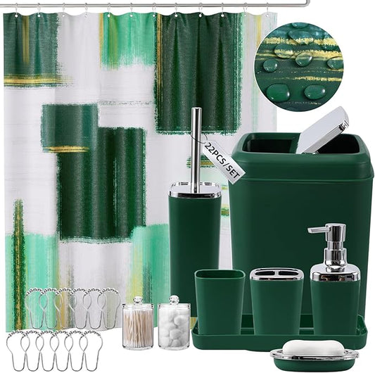 Dark Green Bathroom Accessories Set, Bathroom Sets with Shower Curtain, Green Bathroom Accessories with Trash Can, Soap Dispenser, Soap Dish, Toilet Brush Holder, Qtip Holders for Bathroom