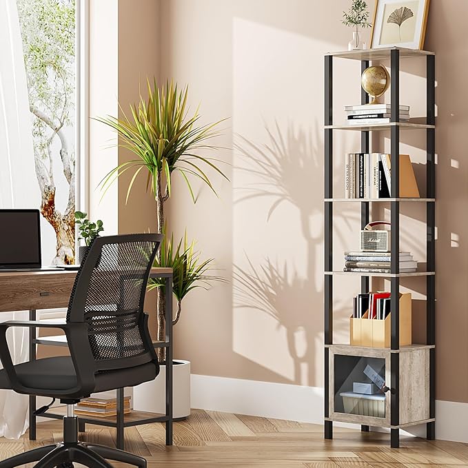 TUTOTAK 6 Tier Bookcase and Bookshelf, Narrow Book Shelf with Door for Small Space, for Living Room, Office, Study, Entryway, Greige BS03BG006