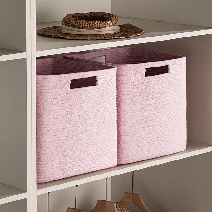 UBBCARE Set of 4 Storage Basket-12 X 12 X 12 in, Cotton Rope Basket for Shelves, Toys, Book, Cube Storage Bins with Handles, Woven Storage Basket for Organizing, Pink