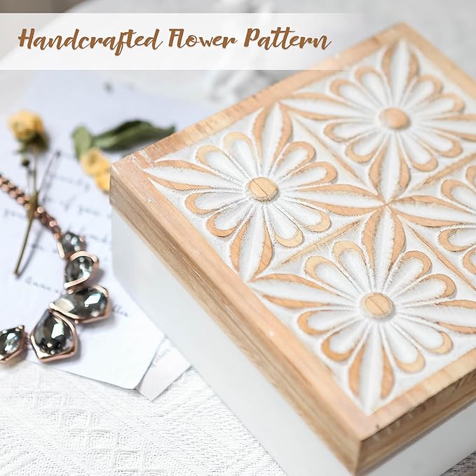 Small Decorative Box with Lid Wooden Keepsake Storage Box Carved Flower Handmade Jewelry Box Rustic Trinket Box Table Organizer - 7.1 x 7.1 x 3.2 Inches