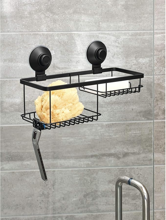 iDesign Everett Metal Push Lock Suction Shower Caddy, Extra Space for Shampoo, Conditioner, and Soap with Hooks for Razors, Towels, Loofahs, and More, 11.1" x 4.9" x 6.54", Matte Black