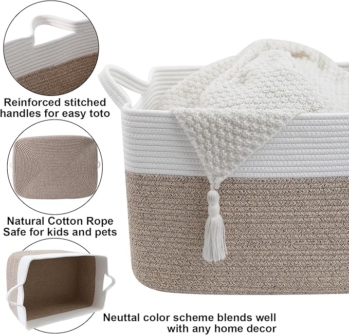 Magazine & Newspaper Baskets,Large Woven Rope Blanket Basket,24"x16"x15"Storage Bin with Handle,Toys Storage,Laundry Basket for Home Organization/Living Room/Nursery/Bedroom,White&Brown