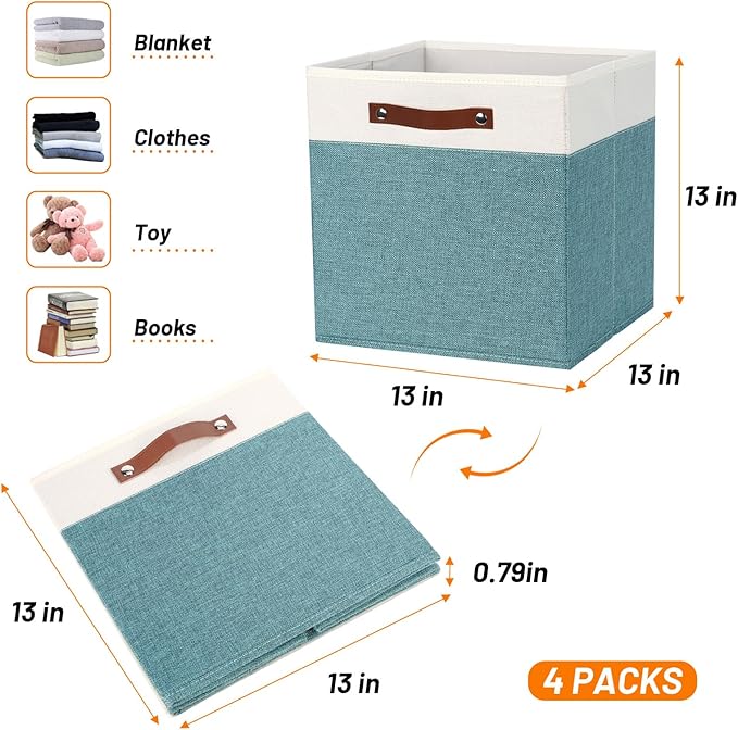 HNZIGE 13x13x13 Storage Cube Bins,4 PCS Fabric Storage Cube Bins for Organizing, Foldable Cube Storage Bins with Handles, Closet Storage Bins for Organizer Home, Office(White&Dark Green)
