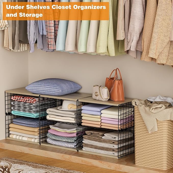 Extra-Long, Low-Profile Closet Organizers and Storage with Wood Top, 4 Tier Stackable Closet Shelf Organizer, Space-Saving Clothes Storage Bin for Wardrobe & Small Spaces, Sturdy(2 Pack Black)