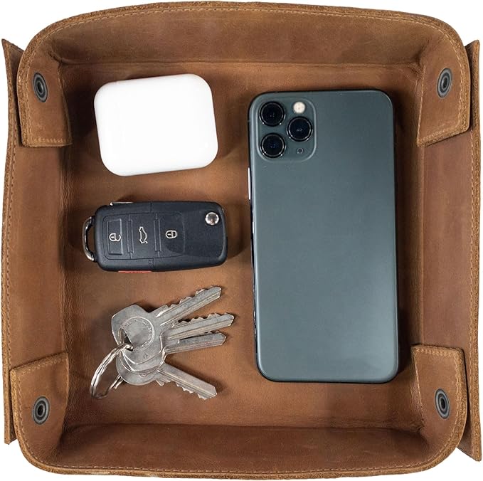 Hide & Drink, Leather Catchall Change Keys Coins Jewels Box Tray Big Storage, Handmade, Single Malt Mahogany