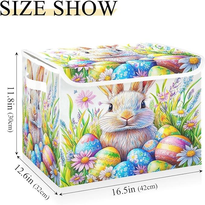 Collapsible Storage Bins with Lids Decorative Fabric Storage Cubes Closet Organizer and Storage Basket Boxes Containers for Clothes Box Chest Nursery Folding Rectangle Colorful Bunny Eggs