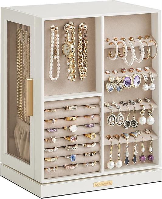 SONGMICS Jewelry Box 360° Rotating, Jewelry Storage Case with 5 Drawers, Jewelry Organizer, Glass Window, Spacious, Vertical Jewelry Storage, Open Design, Great Gift, Cloud White UJBC170W01