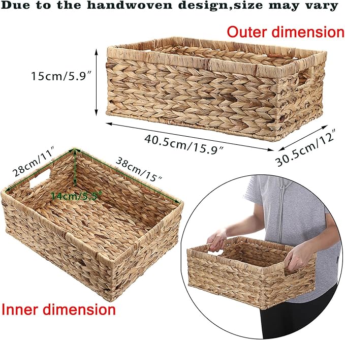 Hipiwe Wicker Basket for Shelf Organizing, Storage Basket Bins with Built-in Handles, Handwoven Water Hyacinth Baskets Rectangular Decorative Baskets Bin,15.9"x12"x5.9"