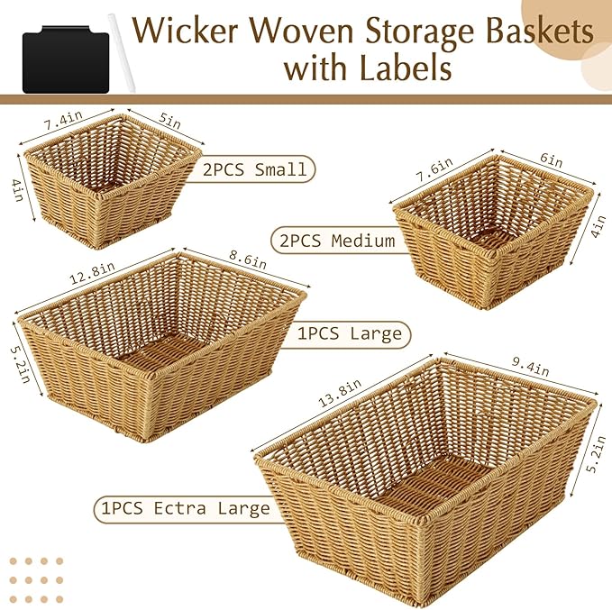 Marsui 6 Pcs Wicker Storage Baskets with Labels Handwoven Multi-size Natural Wicker Storage Bins for Organizing Small Baskets Container for Shelves Closet Pantry Toilet(Natural)