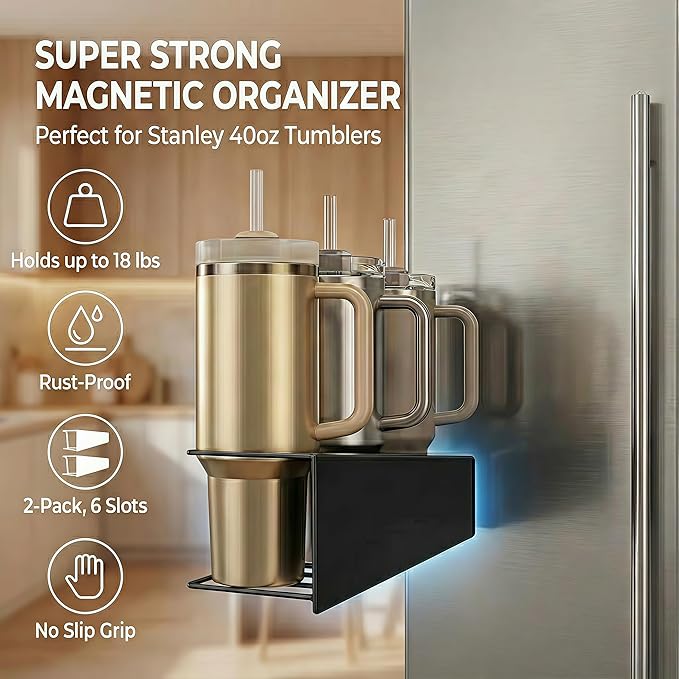 Magnetic Cup Holder for Fridge (4-Piece Set) – Compatible with Stanley Quencher H2.0 & Yeti 20–40oz – Heavy Duty 18LB Anti-Slip Magnetic Organizer with Straw Holder & Hook Rack for Kitchen, Garage