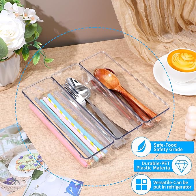 12 Pack Clear Drawer Organizers, Clear Organizer Bins for Drawers, Drawer Organizer Bins - 9 x 3 x 2.2 Inches PET Plastic Storage Trays for Kitchen, Bathroom, Office & Vanity