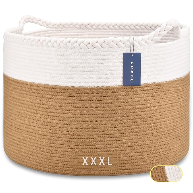 COMSE Extra Large Blanket Basket, Woven Laundry Basket, 21.7âx 13.8â, Nursery Hamper, Cotton Rope Laundry Hamper Living Room for Storage Toys Clothes Towels(White & Camel)