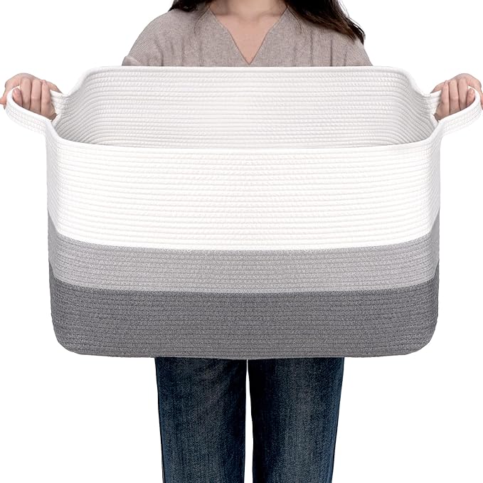 CLHMILY&Z Stylish Square Cotton Rope Storage Basket (Grey & White, 85L)