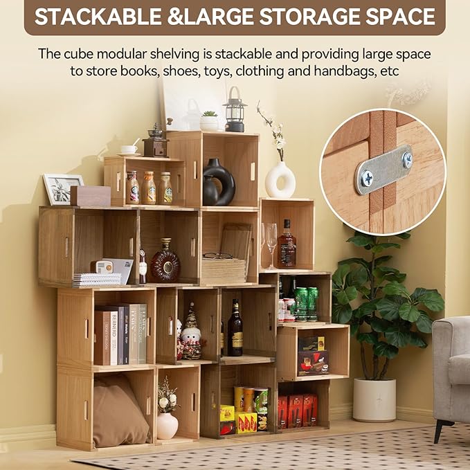 KIRIGEN Stackable Wood Storage Cube /Basket/ Bins Organizer for Home Books Clothes Toy - Modular Open Cubby Storage System - Office Bookcase Closet Shelves C15-DBR
