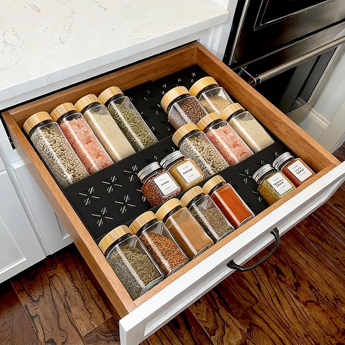 Spice Rack, Expandable Spice Drawer Organizer (11"-22"), Sturdy & Vented Plastic Seasoning Storage with Labels & Funnel, Drawer Organization for Kitchen, Office, Cosmetic (Jars Not Included)