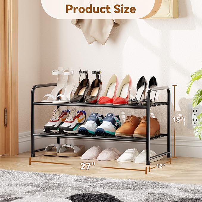 Shoe Rack 2 Tier, Metal Shoe Storage Organizer Shelf for Closet, Stackble & Adjustable, Black