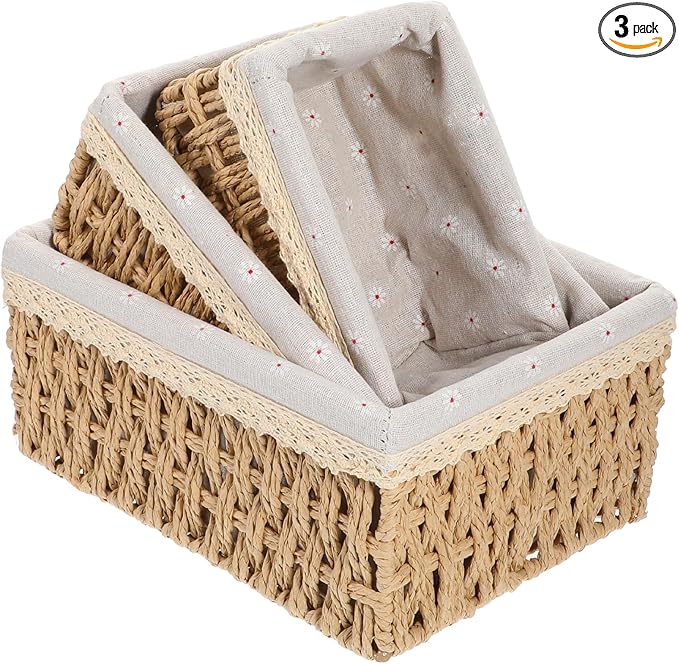 3 Pcs Storage Basket With Liner, Wicker Decorative Basket for coffee table, RectangleTray,Bathroom Countertop Organizer, rectangle Kitchen Drawer Organizer Storage (3 Sizes)