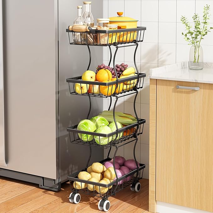 SAYZH Fruit Basket Kitchen Pantry Organizers and Storage - 4 Tier Stackable Metal Wire Basket Stand for Fruit Vegetable Snacks Jars Bins Containers Organization, Black