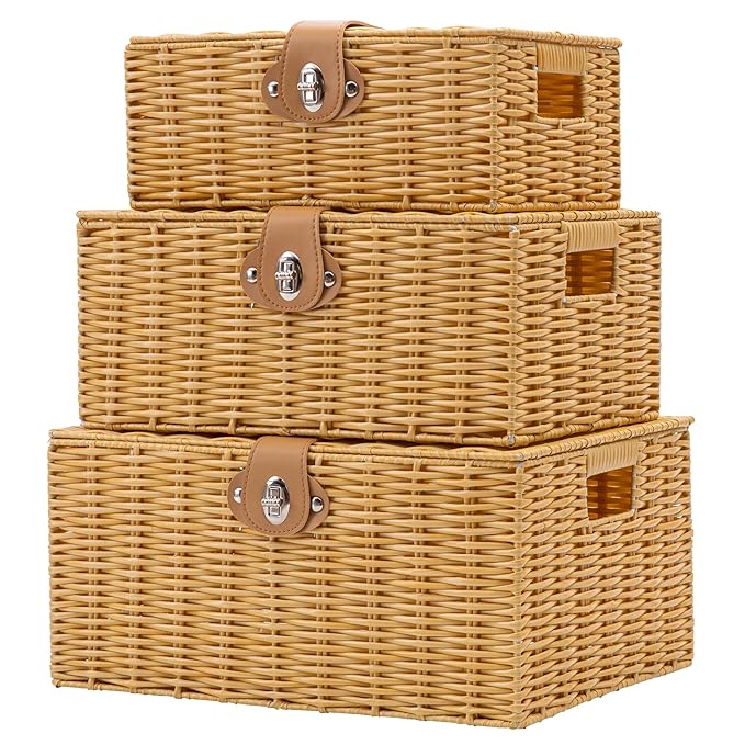 Wicker Storage Baskets with Lids, Set of 3 Decorative Storage Boxes For Organizing, Woven Baskets with Leather Lock and Handles (Beige)