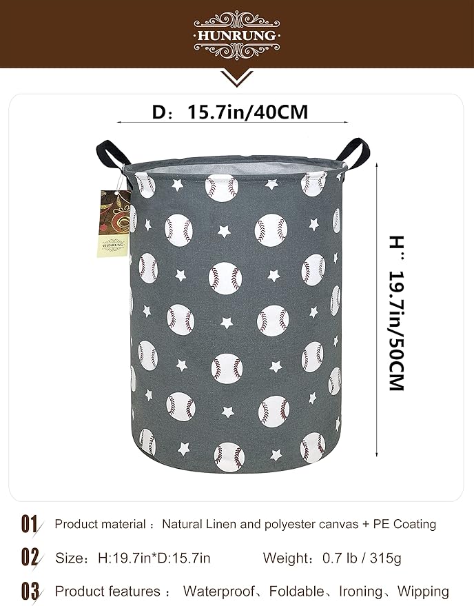 HUNRUNG Laundry Hamper,Large Canvas Fabric Lightweight Storage Basket Toy Organizer Dirty Clothes Collapsible Waterproof for College Dorms, Children Bedroom,Bathroomï¼Round-Grey Baseballï¼