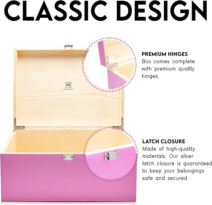 Large Memory Box For Keepsakes - Decorative Boxes With Hinged Lids, Pink Wooden Storage Box