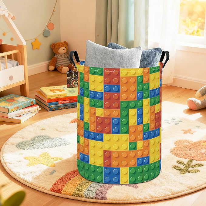 HUNRUNG Laundry Hamper,Large Canvas Fabric Lightweight Storage Basket Toy Organizer Dirty Clothes Collapsible Waterproof for College Dormsï¼Round-Colorful Blocksï¼