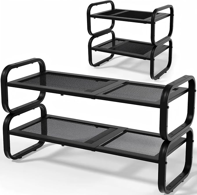2 Tier Shoe Rack - Expandable Shoe Organizer for Closet, Adjustable Metal Shoe Shelf Storage, Stackable Long Shoe Stand Holder for Garage, Entryway, Door Entrance