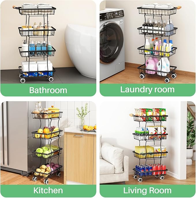 SAYZH Fruit Basket Kitchen Pantry Organizers and Storage - 4 Tier Stackable Metal Wire Basket Stand for Fruit Vegetable Snacks Jars Bins Containers Organization, Black
