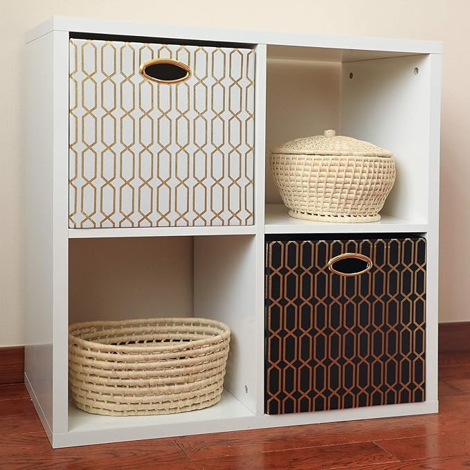 Posprica Storage Bins, Storage Cubes,13Ã13 Fabric Drawers Organizer Basket Boxes Containers (13Ã13Ã13/4pcs, Cream/gold geometry Pattern)