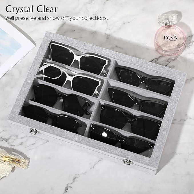 Emibele Glasses Organizer Jewelry Tray, 8 Grids with Clear Lid Velvet Tray Watch Storage Stackable Jewelry Showcase Display Storage with Detachable Inner Dividers - Grey