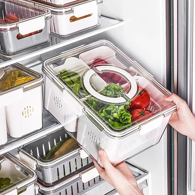 Refrigerator Organizer With Lids (2 Compartments), Fridge Storage, Fridge Organizers And Storage Clear, Fridge Organization, Storage Containers, Stackable With Lid Fridge Organizers