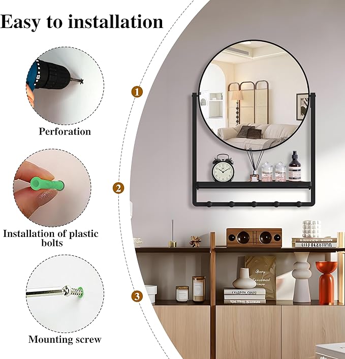 WONSTART Modern Black Round Wall Mirror with Shelf and Hooks, 29.5" x 21.7" Large Bathroom Mirror with 10° Adjustable Tilt for Entryway, Living Room, Hallway, Bedroom