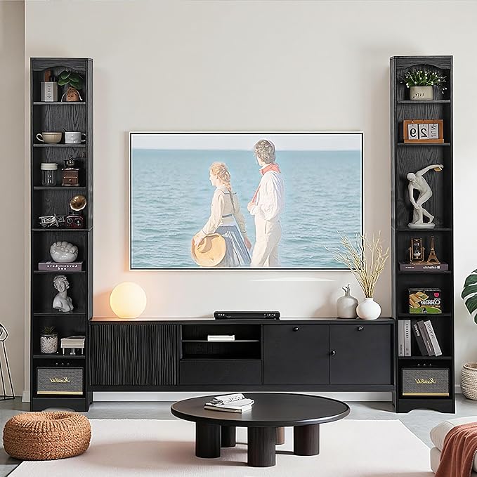 VECELO 6 Adjustable Shelf Narrow Storage Shelf - Elevated Dust-Resistant Base, Customizable Compartment Heights, Black Display Shelf for Small Spaces