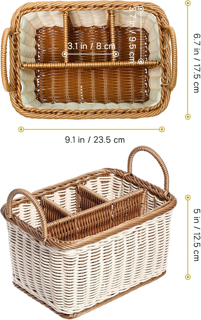Wicker Flatware Organizer, Cutlery Holder for Countertop, Woven Cutlery Storage with Handles, 4 Compartments Utensil Tableware Basket