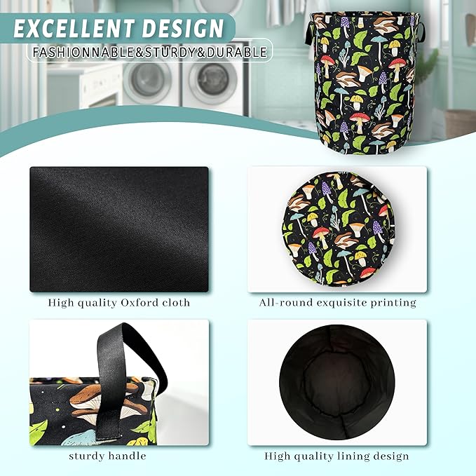 Mushroom Laundry Basket Foldable With Handles Colorful Tote Bag Oxford Cloth Portable Laundry Hamper Clothes Storage Bucket Toy Organizer 18.9"x16.5" For Bathroom/Laundry/Bedroom