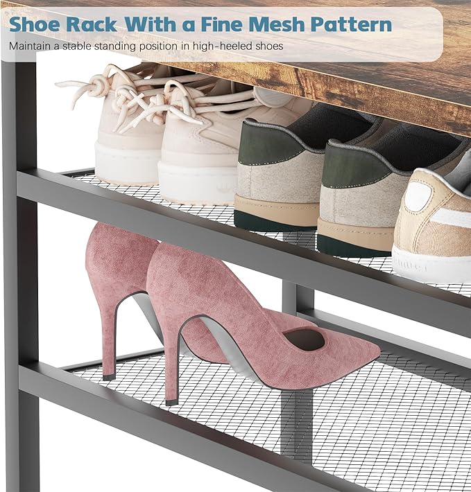 Shoe Rack for Entryway, Freestanding Hidden Shoe Storage Organizer, Boot Shoe Bench Shelves for High Heels with Seat cushion, Narrow Wood Shoe Rack for Entrance Closet, Hallway, 3 Tier (Brown + Gray)