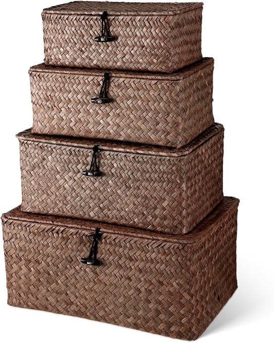 Woanger Set of 4 Wicker Storage Baskets Organizer，Handwoven Storage Bins with Lid for Organizing, Home Utility Box for Home Office Supplies Multipurpose Container(Coffee)