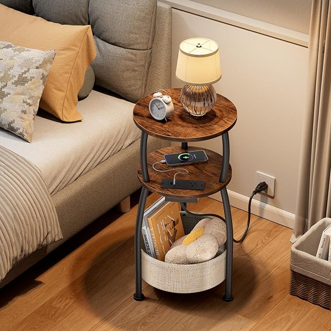Side Table with Charging Station, Small Round End Table with Basket, USB Port and Outlet, 3 Tiers Sofa Couch Table Bedside Table for Living Room Bedroom, Small Spaces, 11.81in Rustic Brown