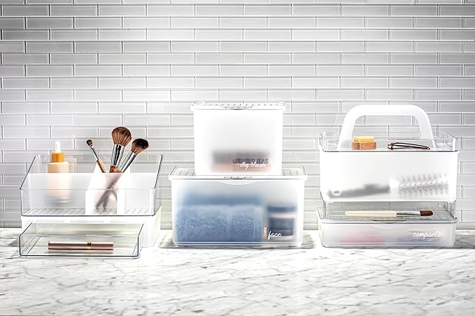 madesmart Medium Stacking Lid Bin, Clear-Lid Storage Organizer for Makeup, Cotton Balls & Bathroom Essentials, Stackable Countertop or Cabinet Bin, White