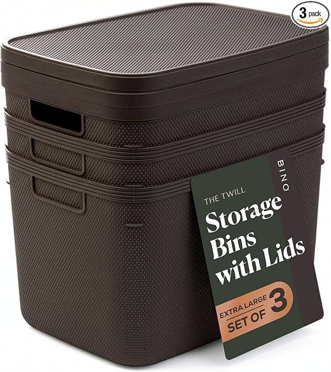 BINO | Plastic Storage Bins with Lids, 20 Liter - 3 Pack, Dark Brown | THE TWILL COLLECTION | Plastic Bins for Organization | Woven Storage Baskets for Organizing | Pantry Shelf Organizer Basket Bin