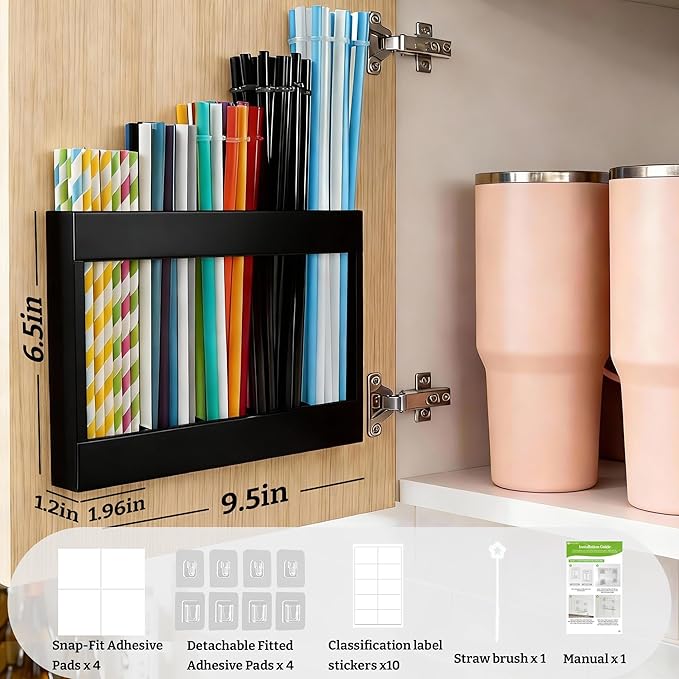 9.5” Large Acrylic Straw Holder for Cabinet Door with Ultra Sticky Adhesive Squares and Stickers, 2026 Reusable Straws Organizer Storage Dispenser for Kitchen Counter Cupboard