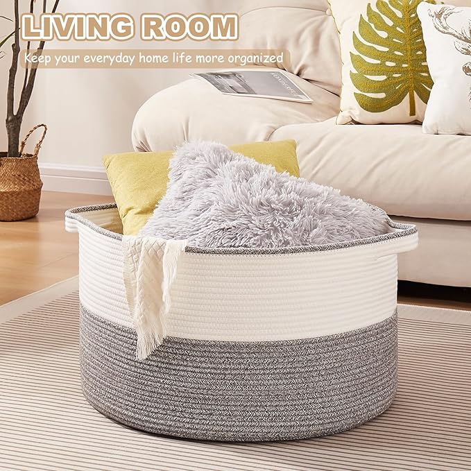 Large Blanket Basket with Handles, 22.8" x 22.8" x 13" Woven Storage Basket for Living Room, Cotton Rope Baby Toy Storage for Clothes, Pillows, Towels-Grey and White