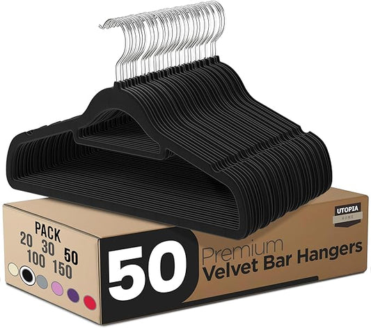 Utopia Home Premium Velvet Hangers 50 Pack - Non-Slip Clothes Hanger with Tie Bar - Black Hangers with 360 Degree Rotatable Hook - Heavy Duty Coat Hanger